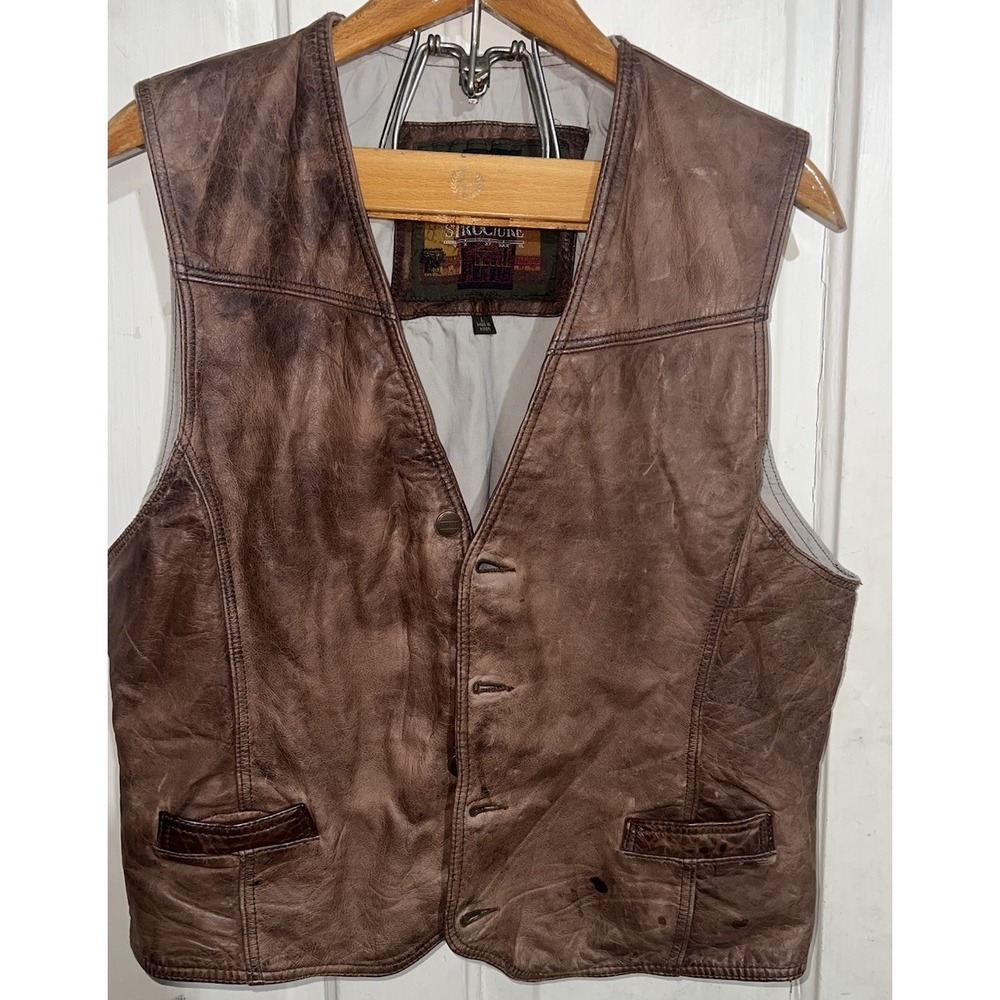 Vintage Structure Leather Vest Mens Medium Biker 90s Brown Leather Cowboy Size L